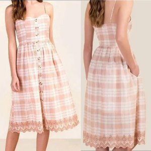 Harper Heritage Dress Coral Pink Plaid Button Front Eyelet Midi Pockets …